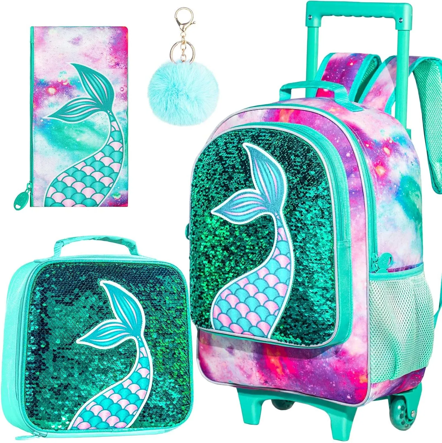 gxtvo Girls Rolling Backpack, Kids Wheels Bookbag - Roller Elementary Sequin School Bag - 3PCS Unicorn Mermaid Green