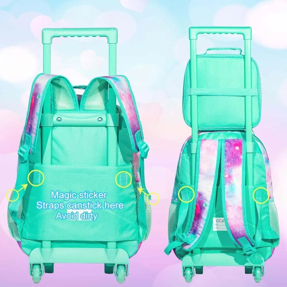 gxtvo Girls Rolling Backpack, Kids Wheels Bookbag - Roller Elementary Sequin School Bag - 3PCS Unicorn Mermaid Green
