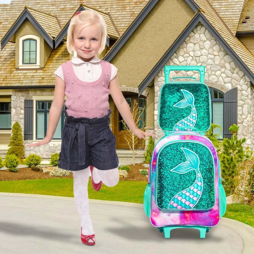 gxtvo Girls Rolling Backpack, Kids Wheels Bookbag - Roller Elementary Sequin School Bag - 3PCS Unicorn Mermaid Green