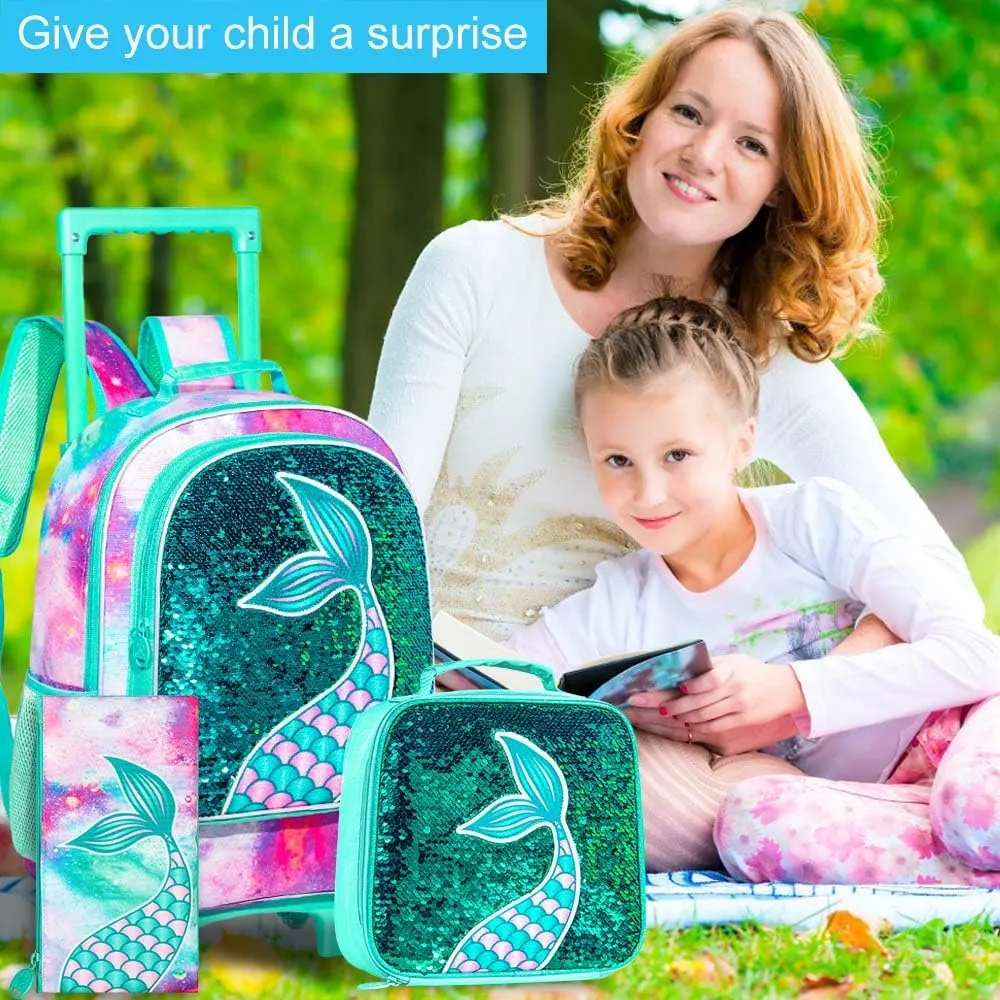 gxtvo Girls Rolling Backpack, Kids Wheels Bookbag - Roller Elementary Sequin School Bag - 3PCS Unicorn Mermaid Green