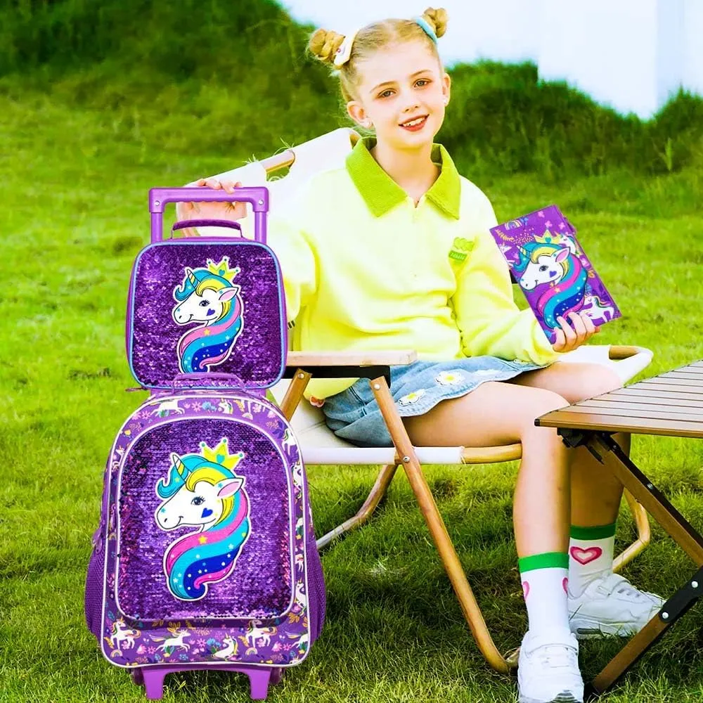 gxtvo Kids Rolling Backpack for Girls, Roller Wheels Bookbag - Wheeled Elementary Sequin School Bag - 3PCS Unicorn Purple