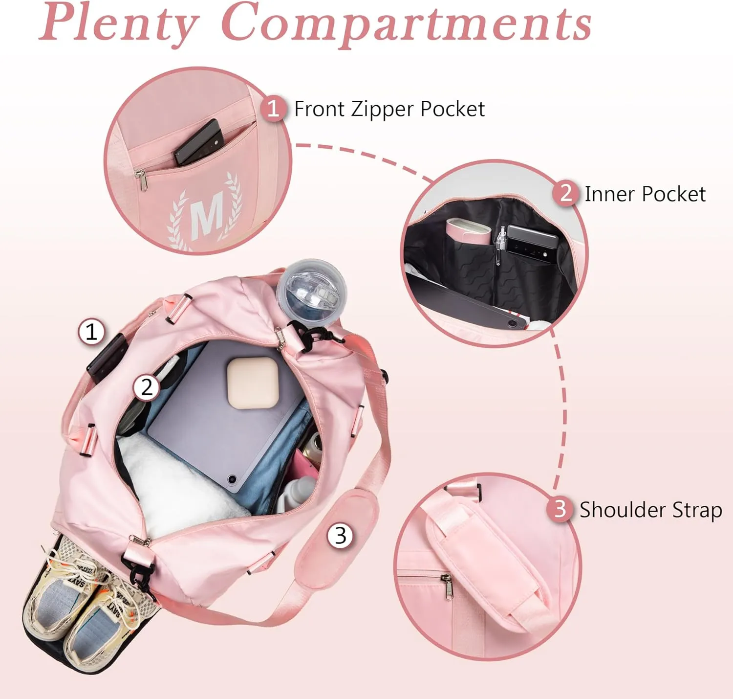 Gym & Sports Duffle Bag, Pink, Y Size, Polyester, Water-Resistant, 20"L x 11"W x 13"H, 5 Compartments, Zipper Closure, Web Handle, Fixed Strap, Travel & Everyday Use