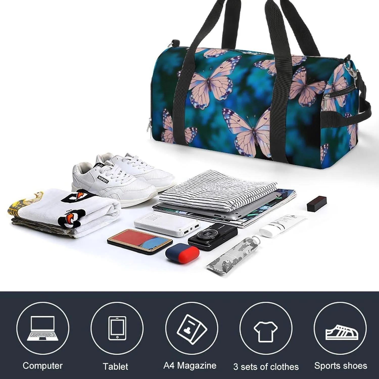 Gym Bag Cute Butterflies Duffel Bag for Men Women Overnight Bag with Shoe Compartment Workout Bags