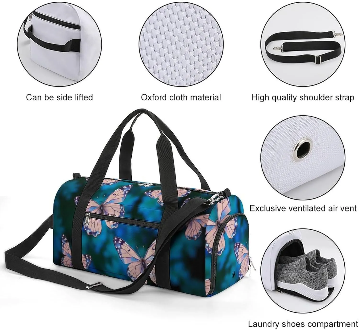 Gym Bag Cute Butterflies Duffel Bag for Men Women Overnight Bag with Shoe Compartment Workout Bags