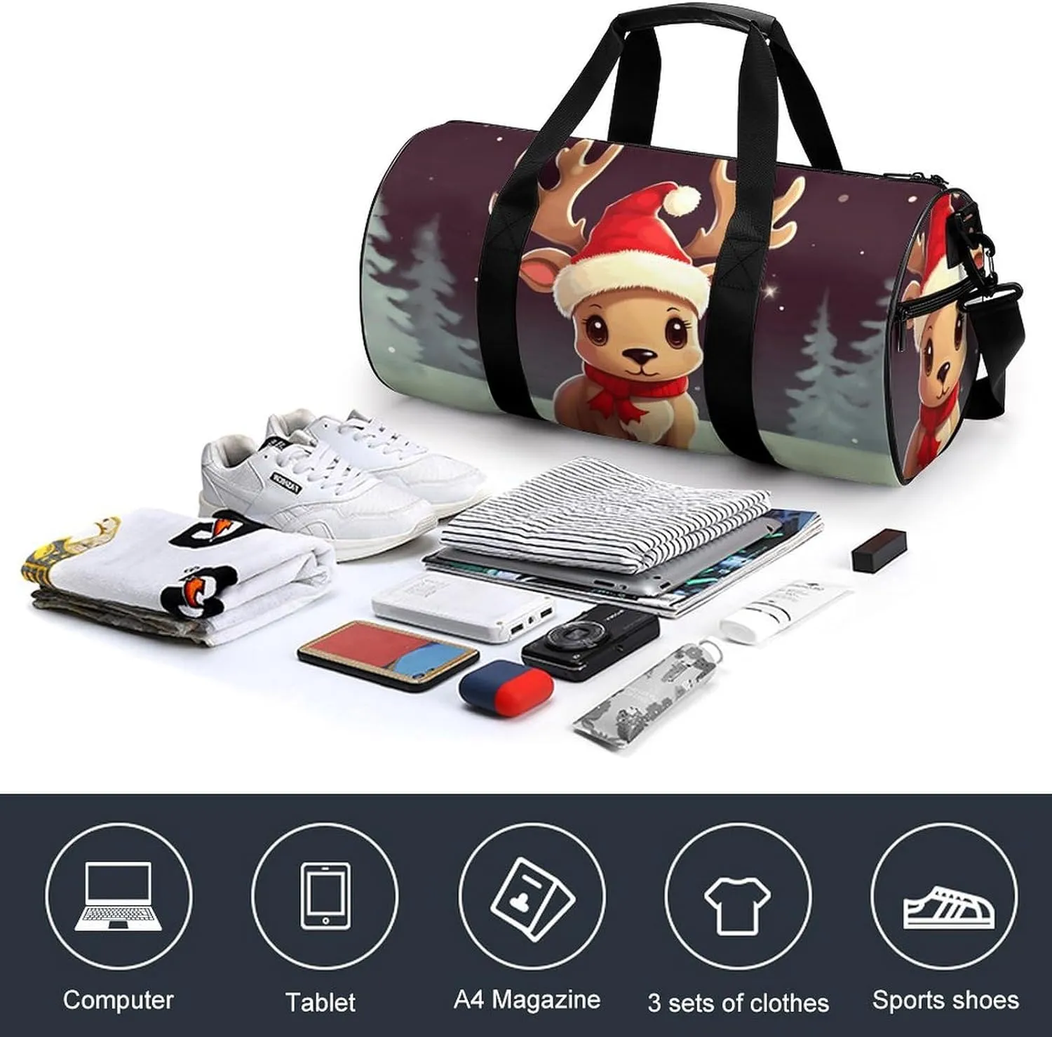 Gym Bag for Men Women Cute Christmas Reindeer Duffel Bag Overnight Bag with Compartment Gym Sackpac