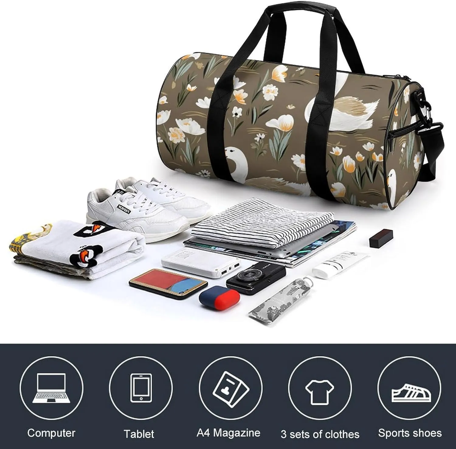 Gym Bag for Men Women Goose And Flowers Duffel Bag Overnight Bag with Compartment Gym Sackpac