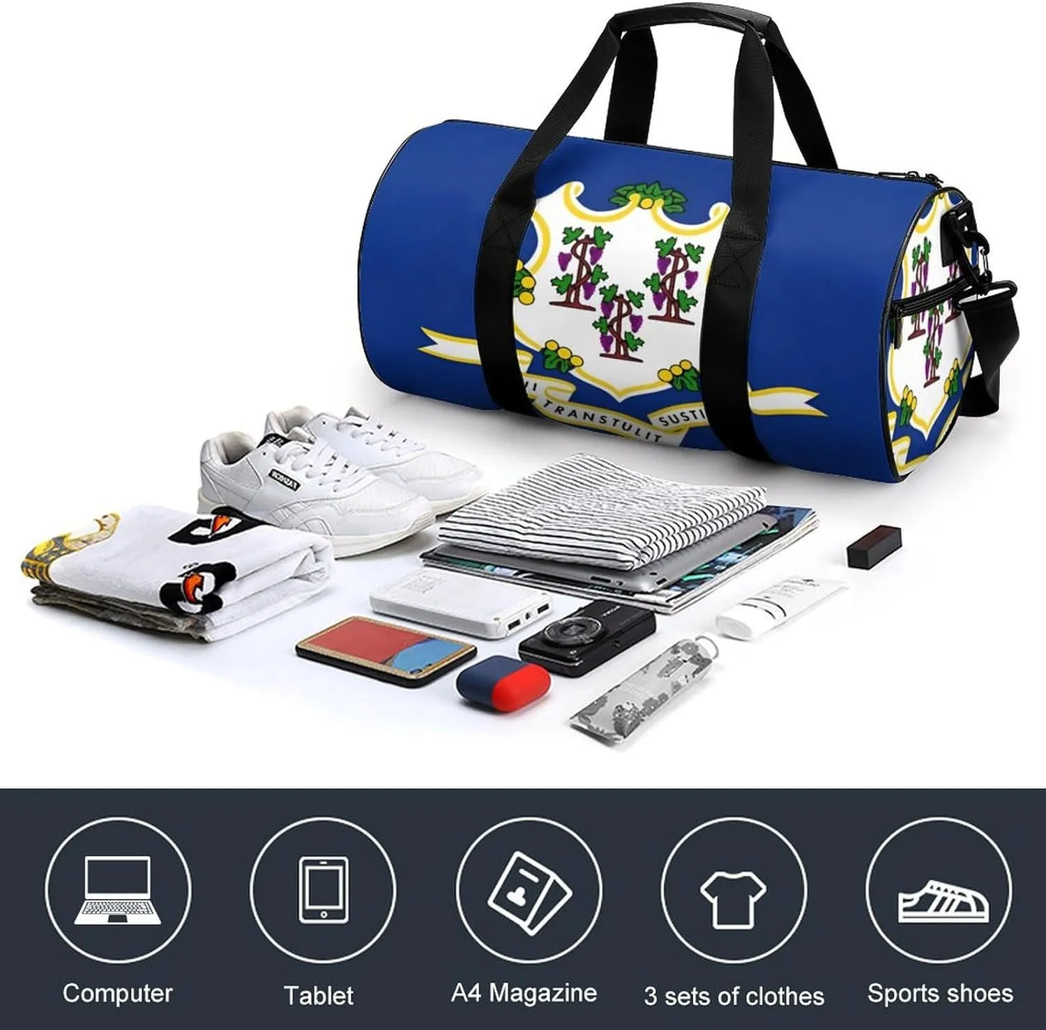 Gym Bag for Men Women Lightweight Sports Duffle Bag with Multiple Compartments Cylindrical Gym Bag for Fitness Travel And Outdoor Activities Ater Resistant Yoga Bag Training Bag Connecticut Crest