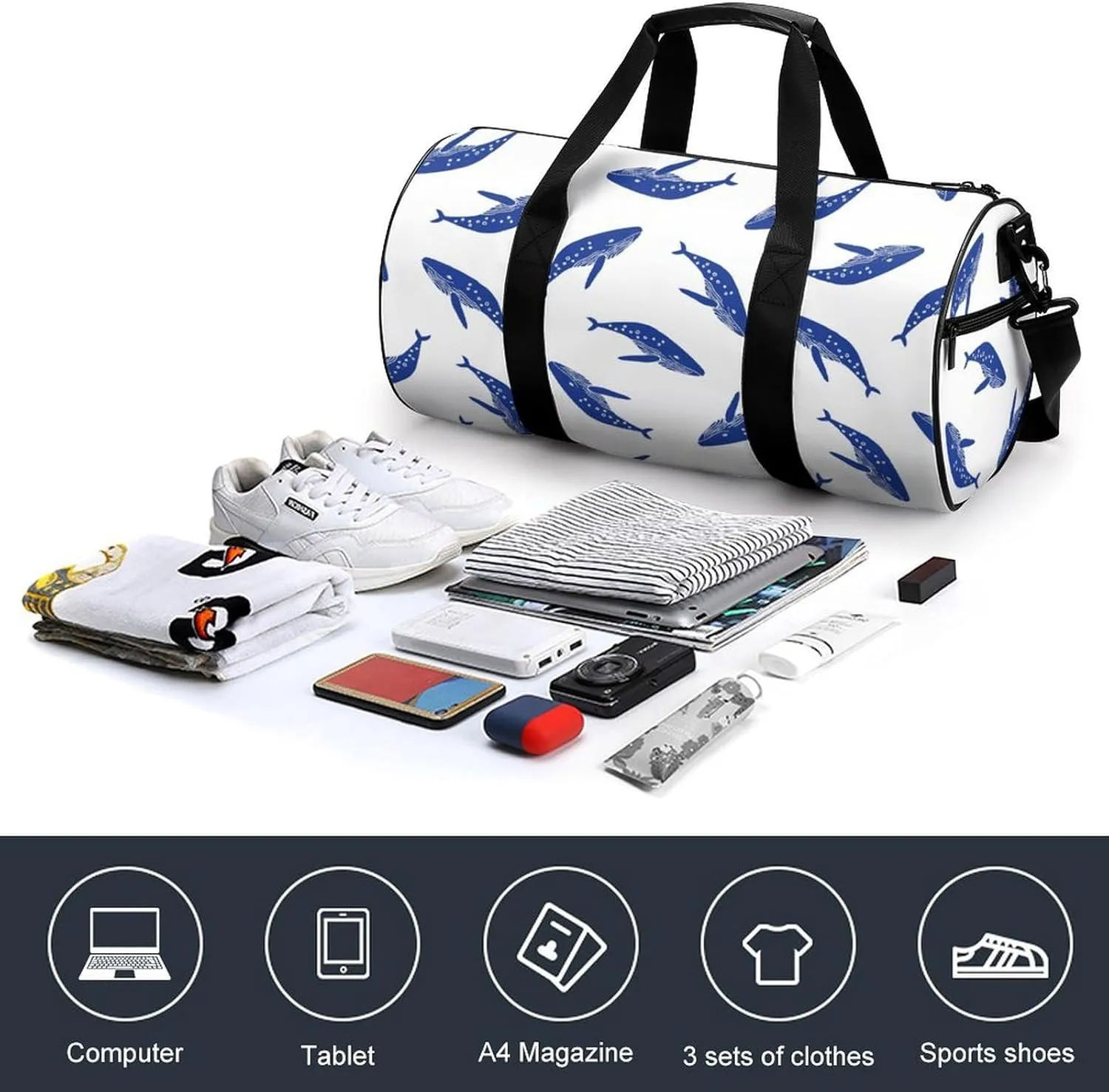 Gym Bag for Men Women Lightweight Sports Duffle Bag with Multiple Compartments Cylindrical Gym Bag for Fitness Travel And Outdoor Activities Ater Resistant Yoga Bag Training Bag Whale Wander