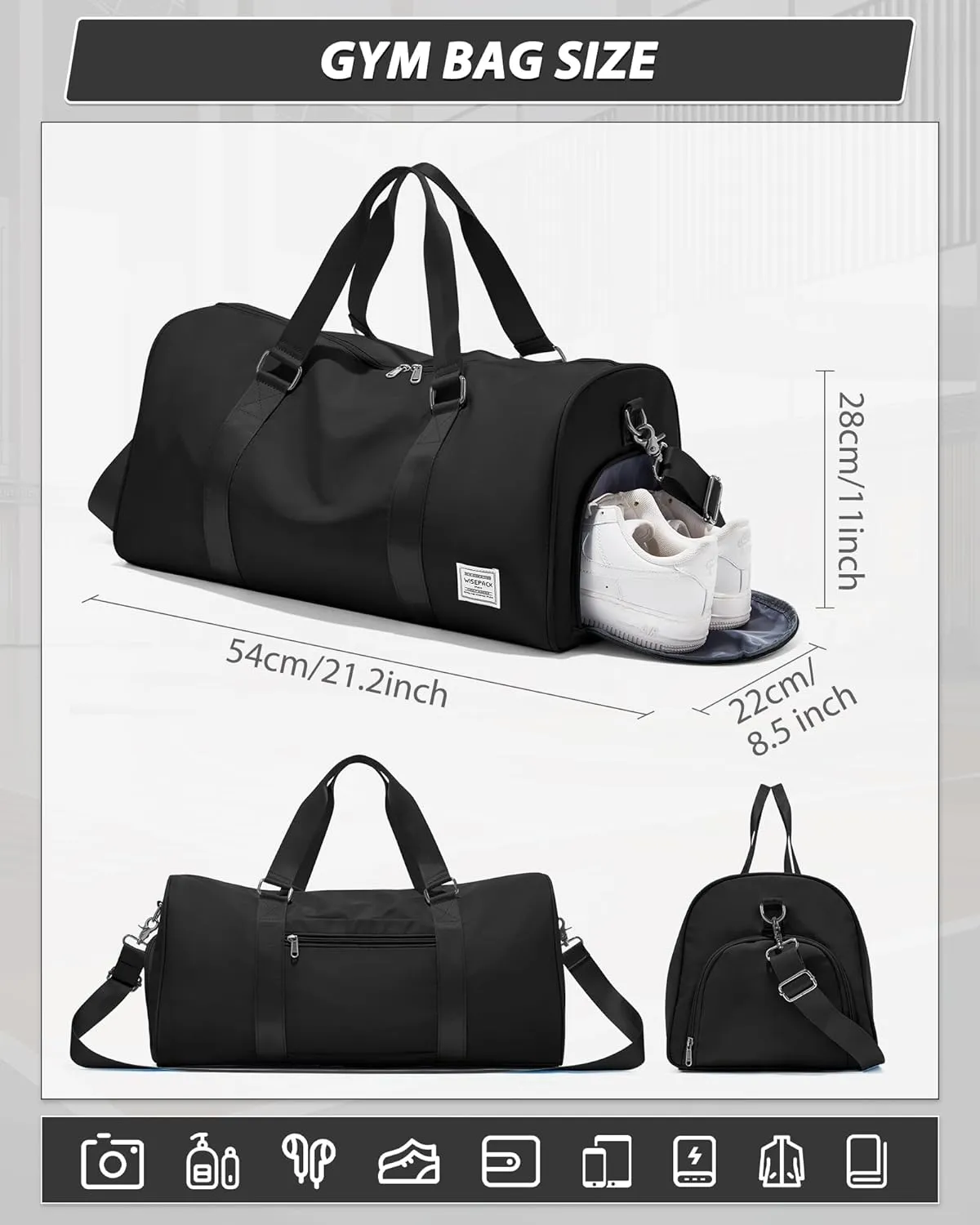 Gym Bag for Men Women with Shoe Compartment,Small Travel Duffle Bags for Traveling Overnight Weekender Personal Item Travel Bag Large Sport Workout Bag Black