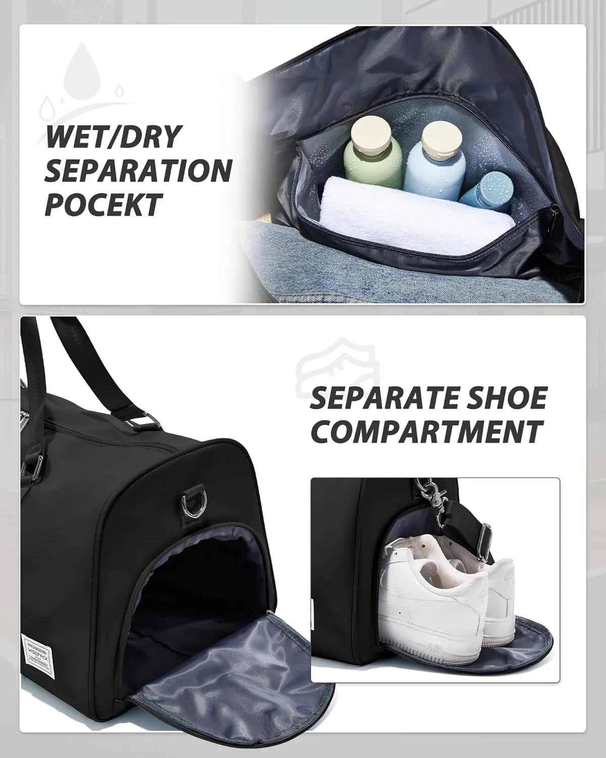 Gym Bag for Men Women with Shoe Compartment,Small Travel Duffle Bags for Traveling Overnight Weekender Personal Item Travel Bag Large Sport Workout Bag Black