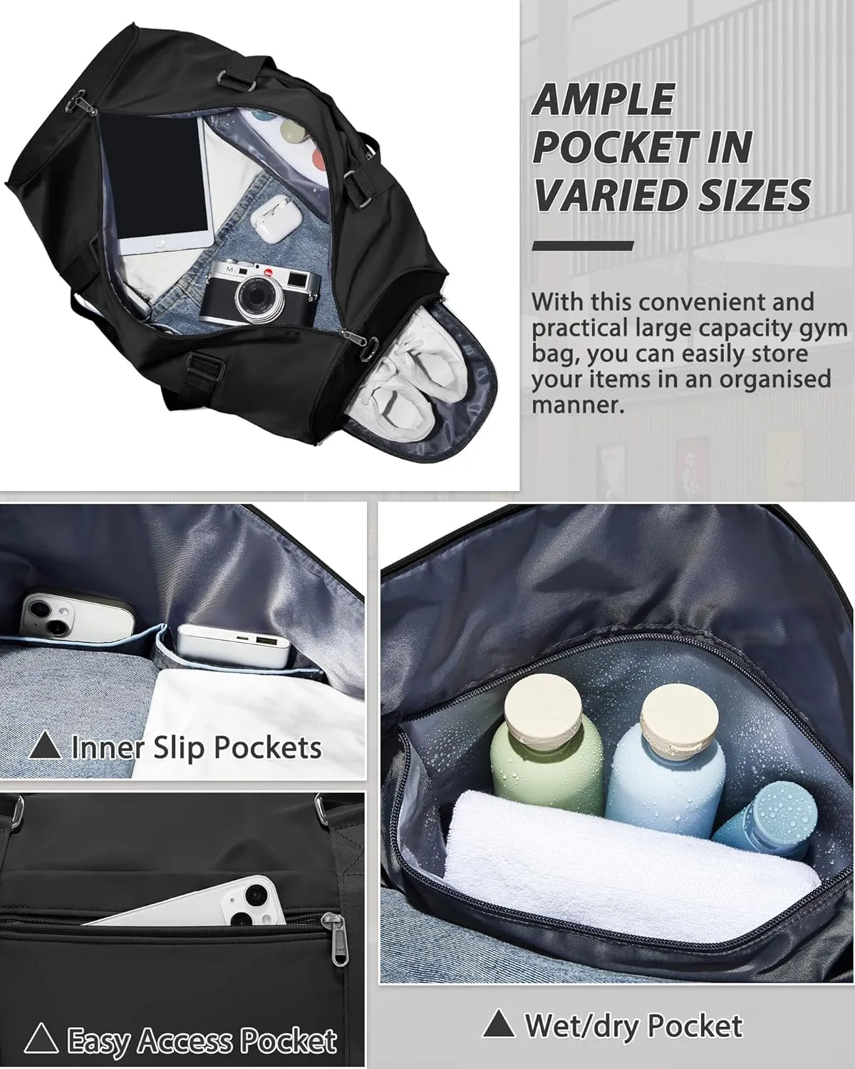 Gym Bag for Men Women with Shoe Compartment,Small Travel Duffle Bags for Traveling Overnight Weekender Personal Item Travel Bag Large Sport Workout Bag Black