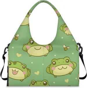 Gym Bag for Women Frogs Love Hearts Duffel Bag with Shoe Compartment and Yoga Mat Holder Portable Weekender Bags Travel Tote Bags