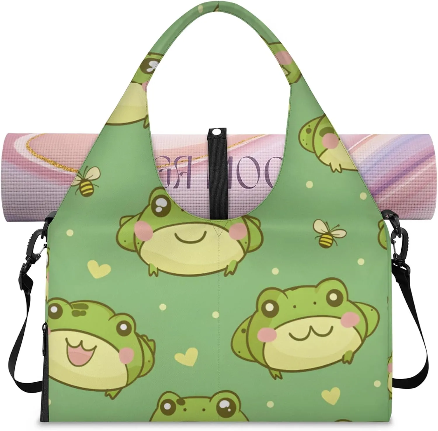 Gym Bag for Women Frogs Love Hearts Duffel Bag with Shoe Compartment and Yoga Mat Holder Portable Weekender Bags Travel Tote Bags