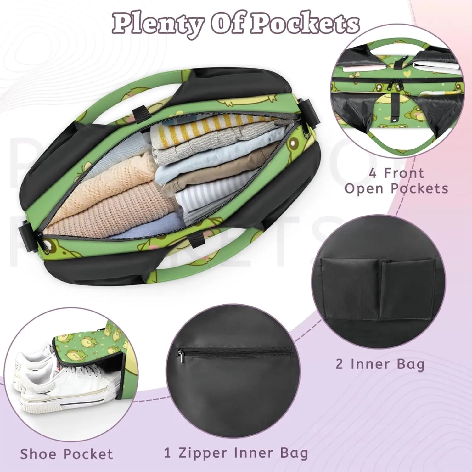 Gym Bag for Women Frogs Love Hearts Duffel Bag with Shoe Compartment and Yoga Mat Holder Portable Weekender Bags Travel Tote Bags