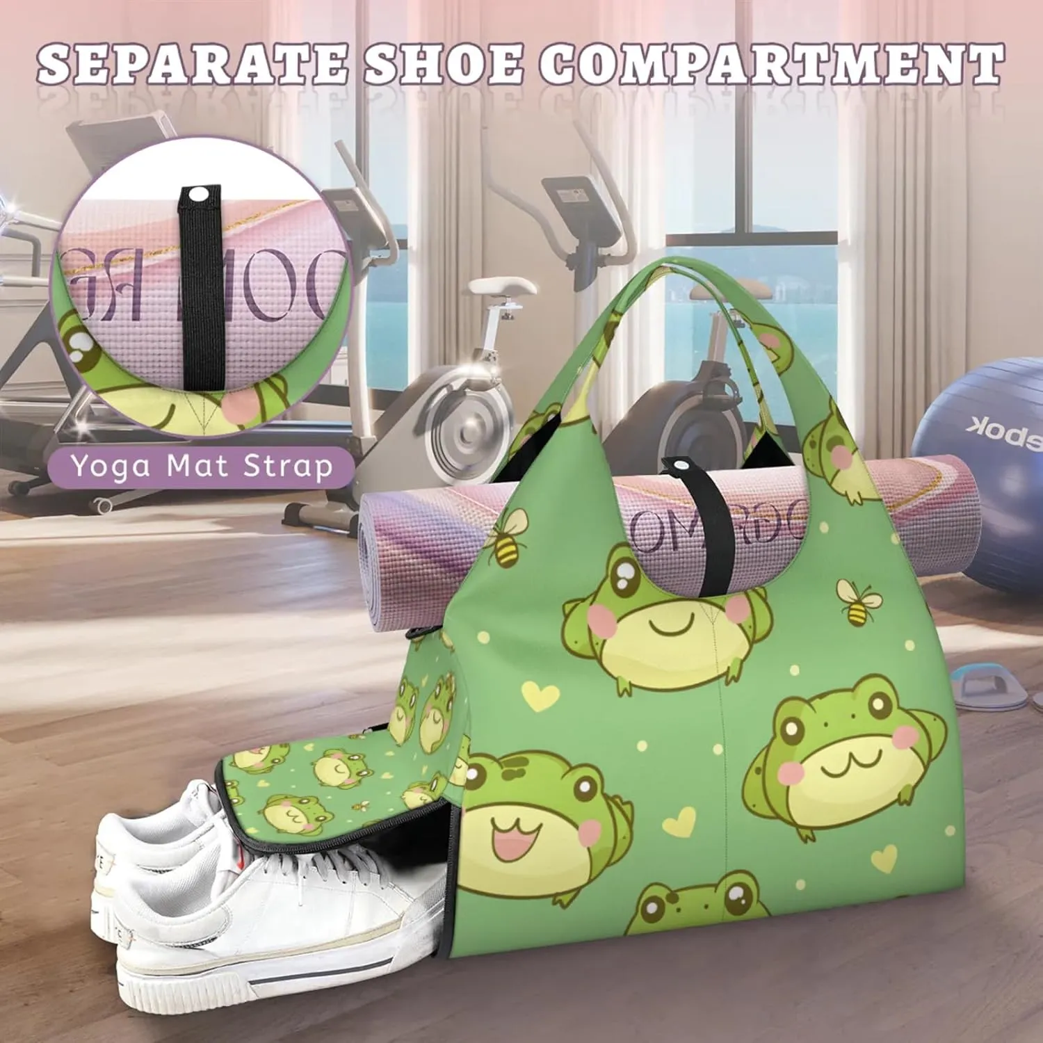 Gym Bag for Women Frogs Love Hearts Duffel Bag with Shoe Compartment and Yoga Mat Holder Portable Weekender Bags Travel Tote Bags