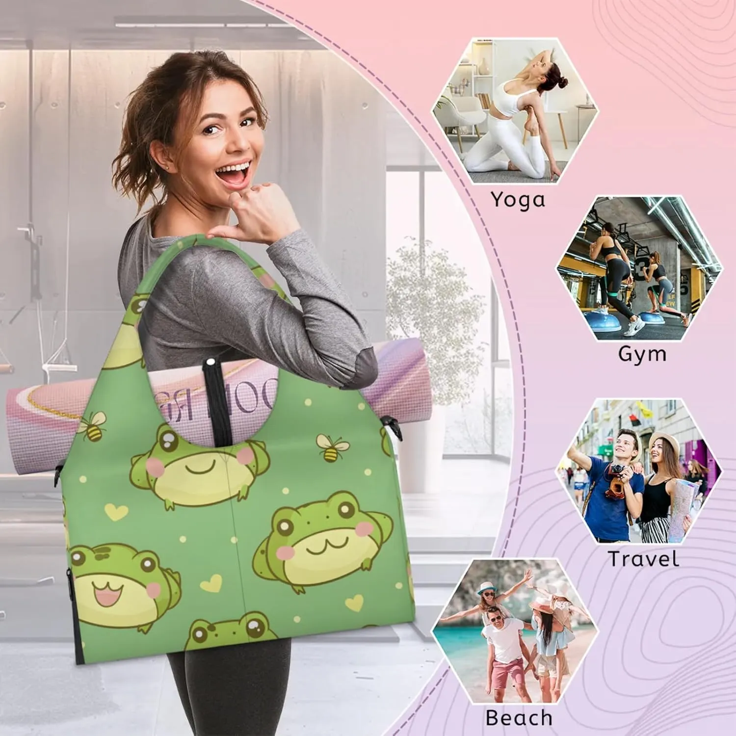 Gym Bag for Women Frogs Love Hearts Duffel Bag with Shoe Compartment and Yoga Mat Holder Portable Weekender Bags Travel Tote Bags
