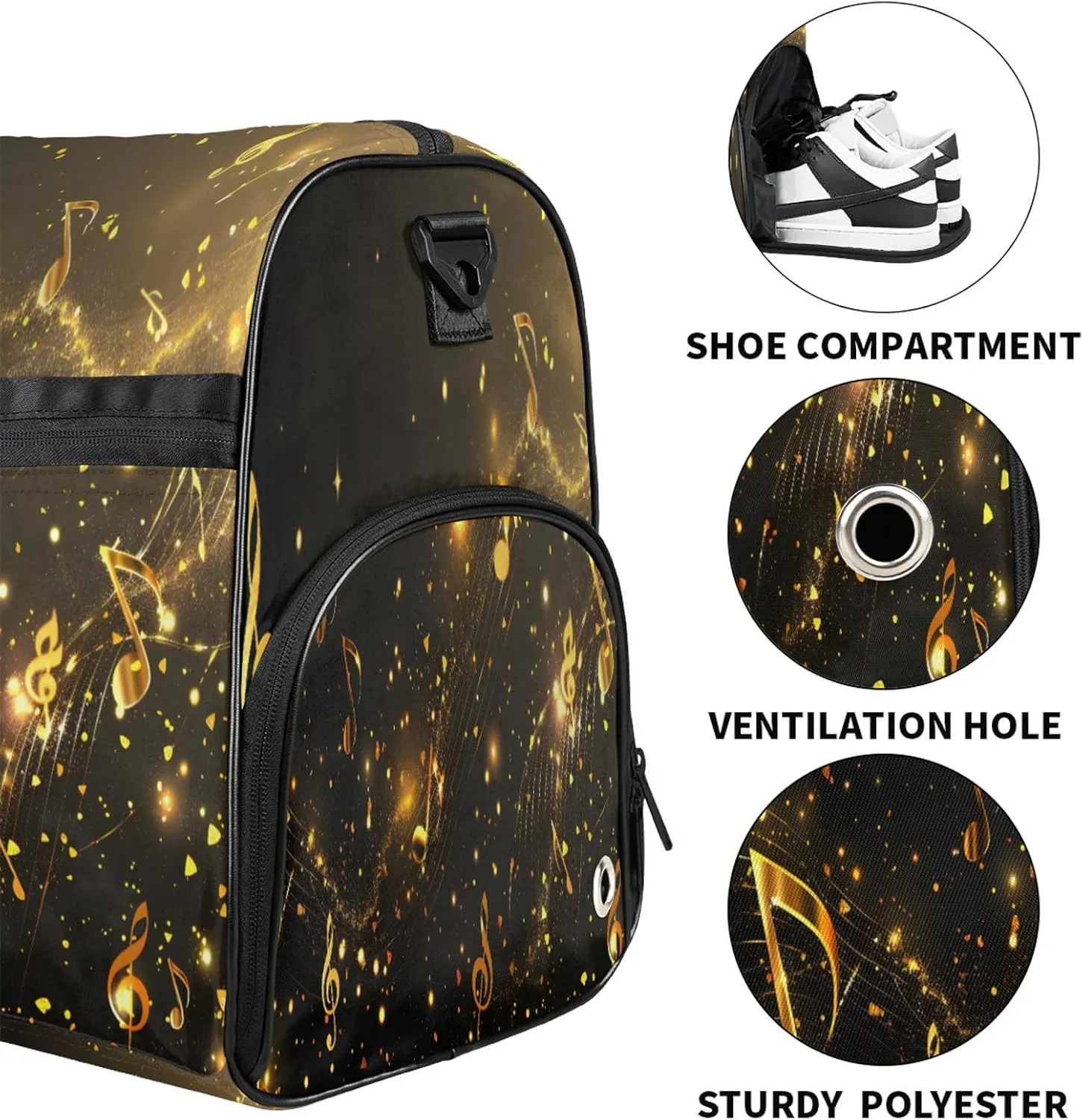 Gym Bag for Women Men Black Abstract Music Note Travel Duffle Bag with Shoe Compartment Waterproof Sports Tote Bags Large Overnight Weekender Bags for Travel Swimming Gym Yoga Dance