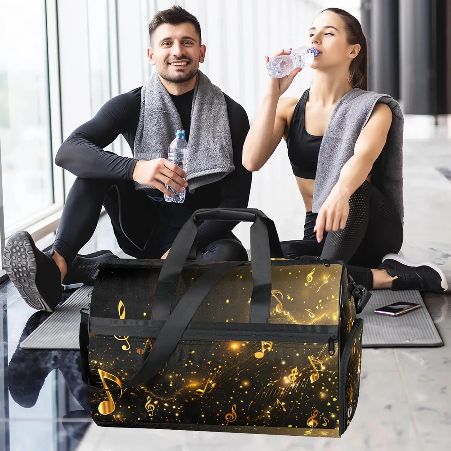 Gym Bag for Women Men Black Abstract Music Note Travel Duffle Bag with Shoe Compartment Waterproof Sports Tote Bags Large Overnight Weekender Bags for Travel Swimming Gym Yoga Dance