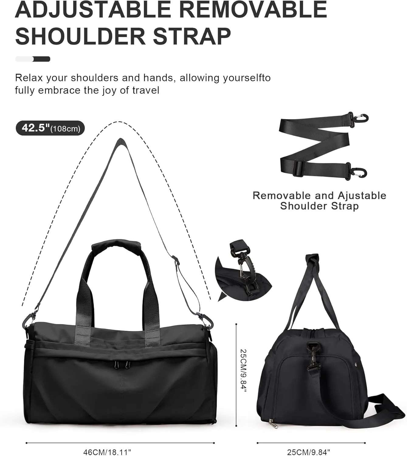 Gym Bag for Women Men, Sport Duffel Bag with Toiletry Bag & Shoe Compartment,Waterproof Travel Weekender Overnight Carry on Bag for Yoga with Trolley Sleeve, Black Set