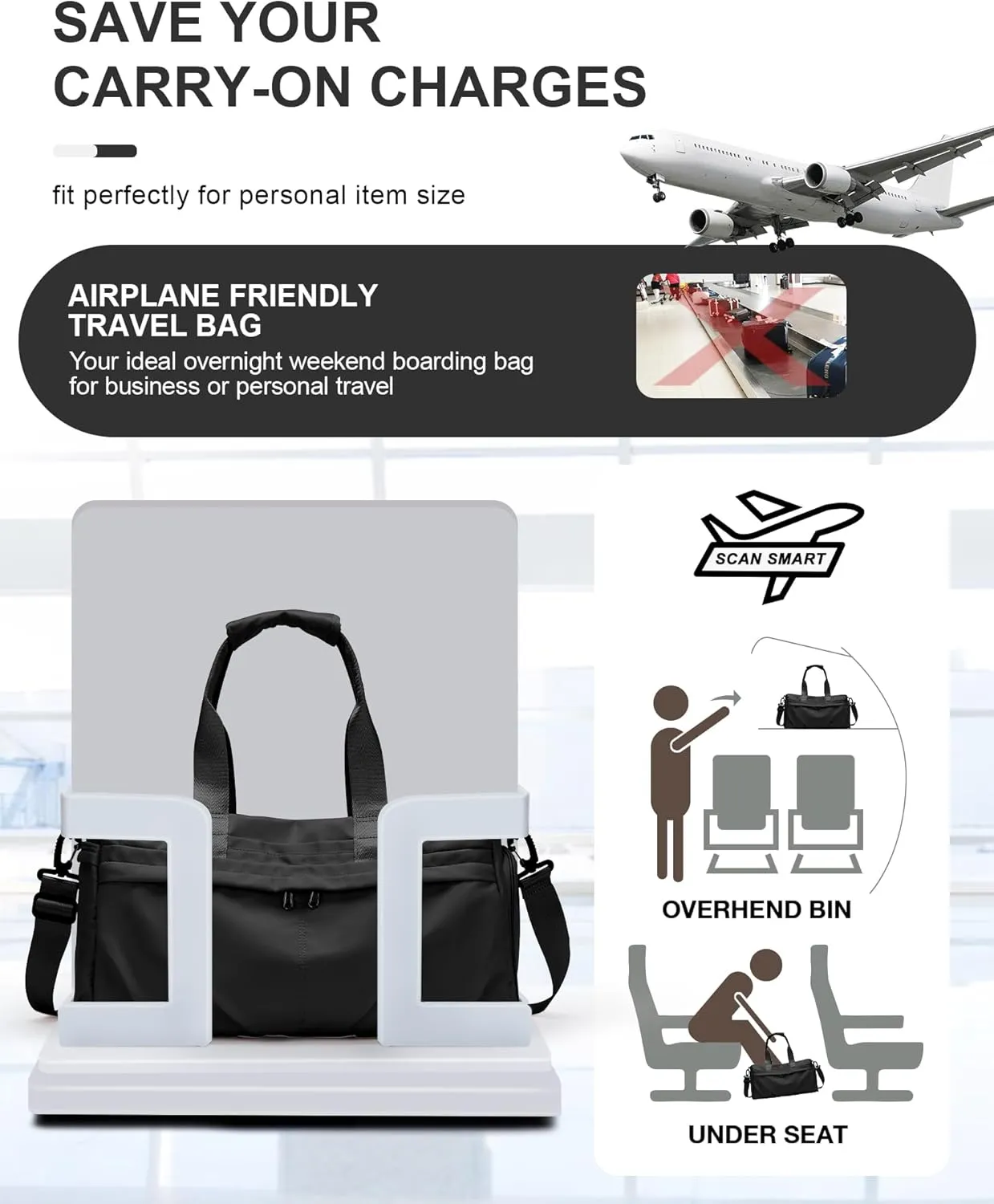 Gym Bag for Women Men, Sport Duffel Bag with Toiletry Bag & Shoe Compartment,Waterproof Travel Weekender Overnight Carry on Bag for Yoga with Trolley Sleeve, Black Set
