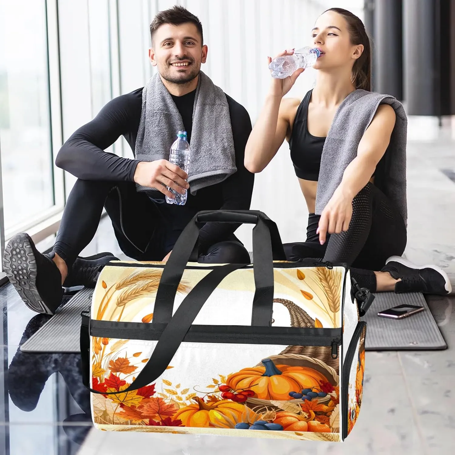 Gym Bag for Women Men Thanksgiving Decor Fall Travel Duffle Bag with Shoe Compartment Waterproof Sports Tote Bags Large Overnight Weekender Bags for Travel Swimming Gym Yoga Dance