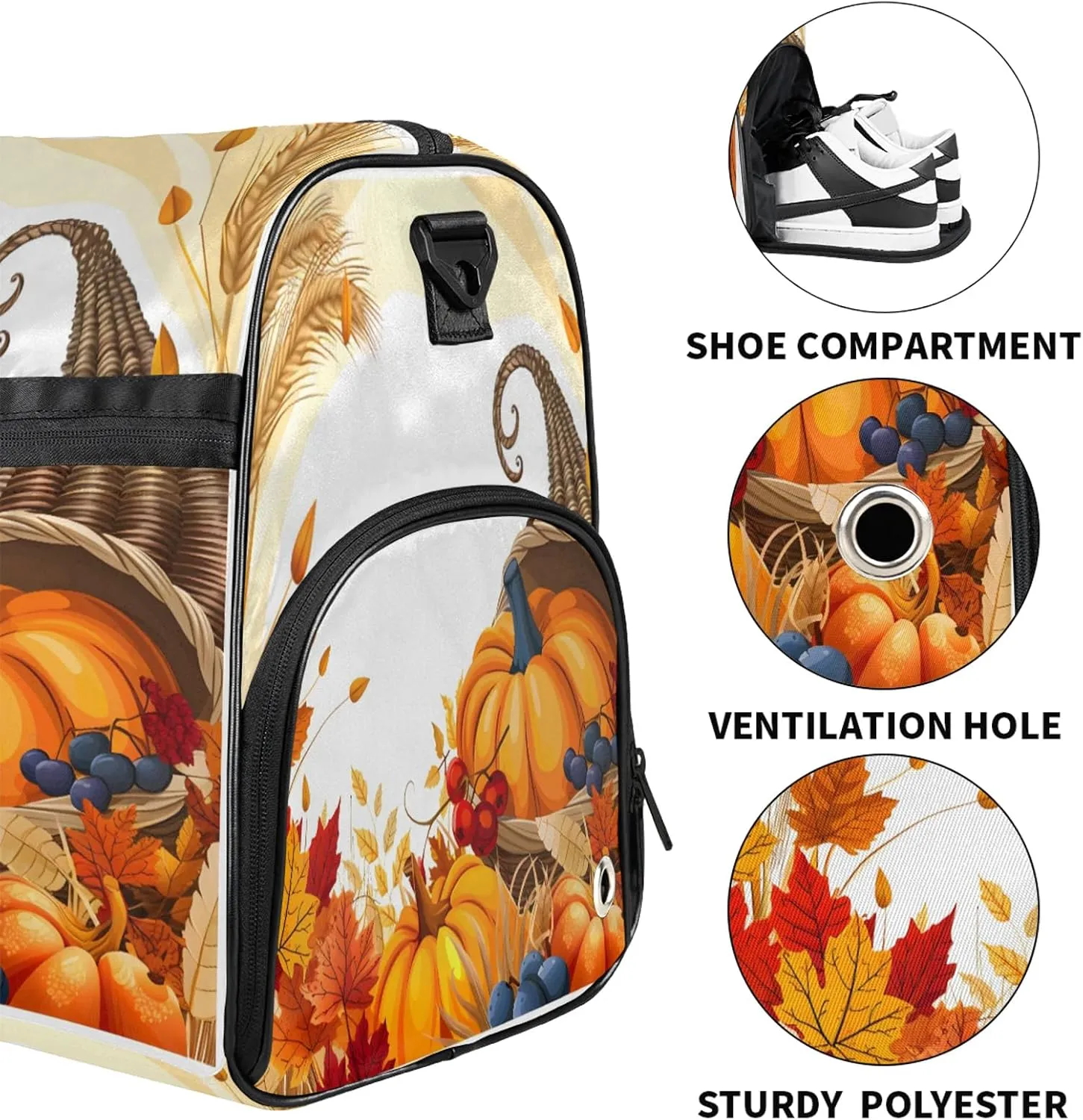 Gym Bag for Women Men Thanksgiving Decor Fall Travel Duffle Bag with Shoe Compartment Waterproof Sports Tote Bags Large Overnight Weekender Bags for Travel Swimming Gym Yoga Dance