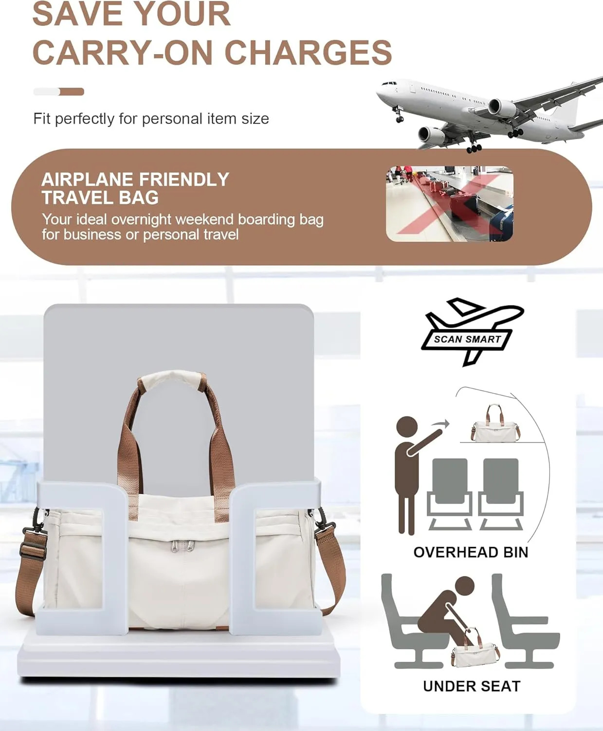 Gym Bag for Women Men with Shoe Compartment, Sport Duffel Bag, Waterproof Travel Weekender Overnight Carry on Bag for Yoga with Trolley Sleeve, Beige Brown