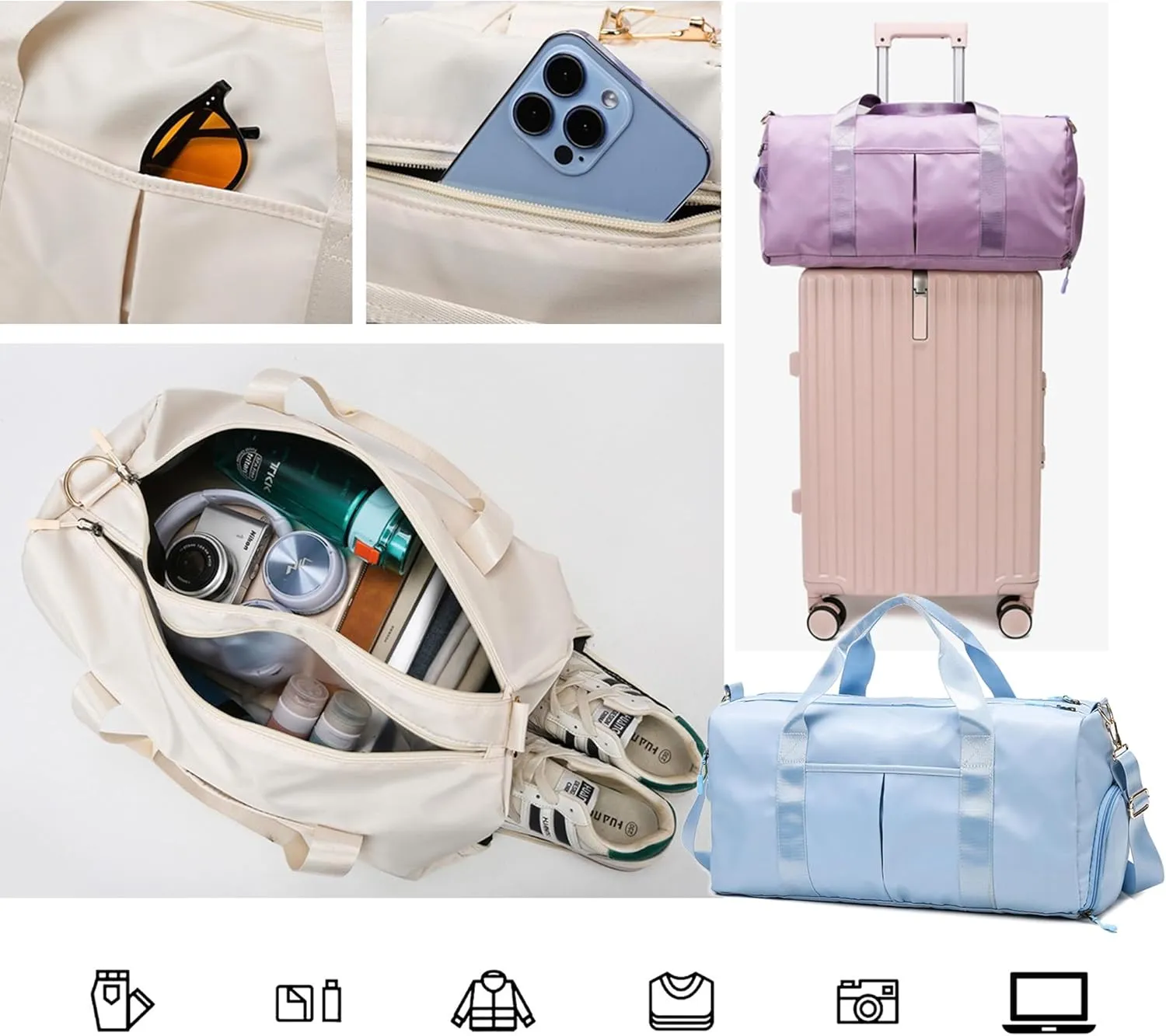 Gym Bag for Women Men with Shoes Compartment Waterproof Weekend Overnight Duffel Bags for Swimming Yoga Outdoor Activities (Ivory)