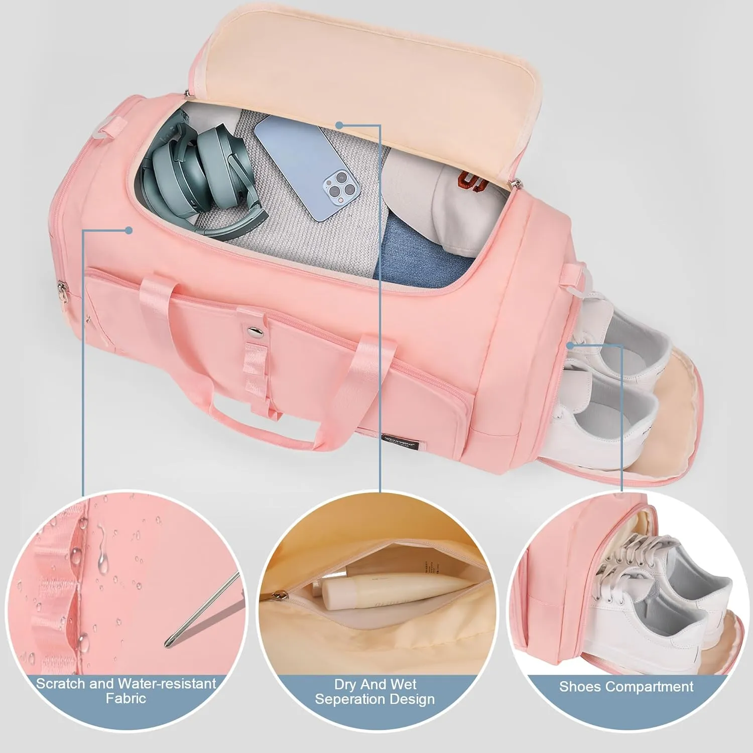 Gym Bag for Women with Shoe Compartment, 25L, Pink