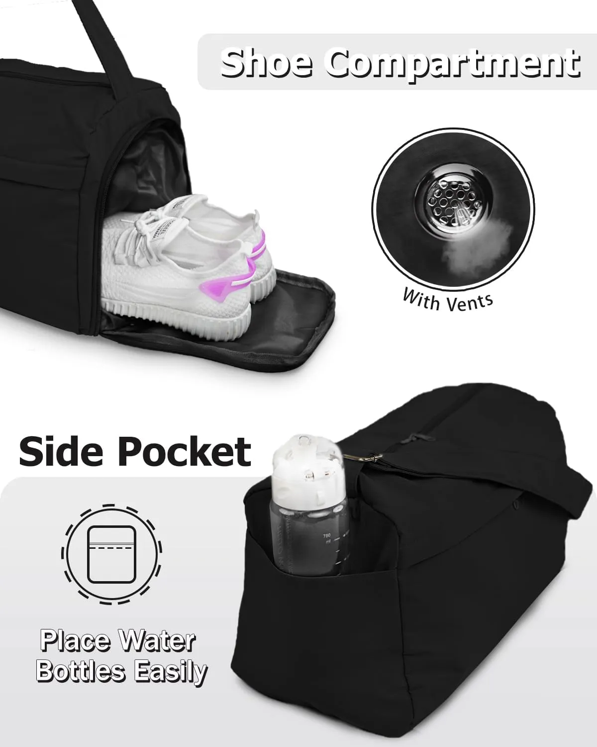 Gym Bag for Women with Shoe Compartment Sports Duffle Bag Men with Wet Pocket and Bottle Pocket Lightweight for Travel Workout, Black