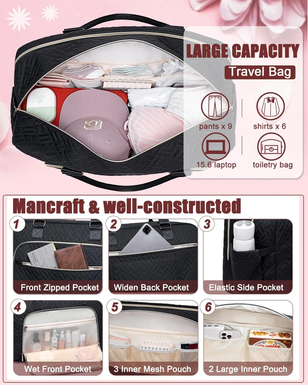 Gym Bag for Women,Travel Duffle Bag for Women,Weekender Overnight Bag with Wet Pocket,Carry On Bag with Toiletry Bag