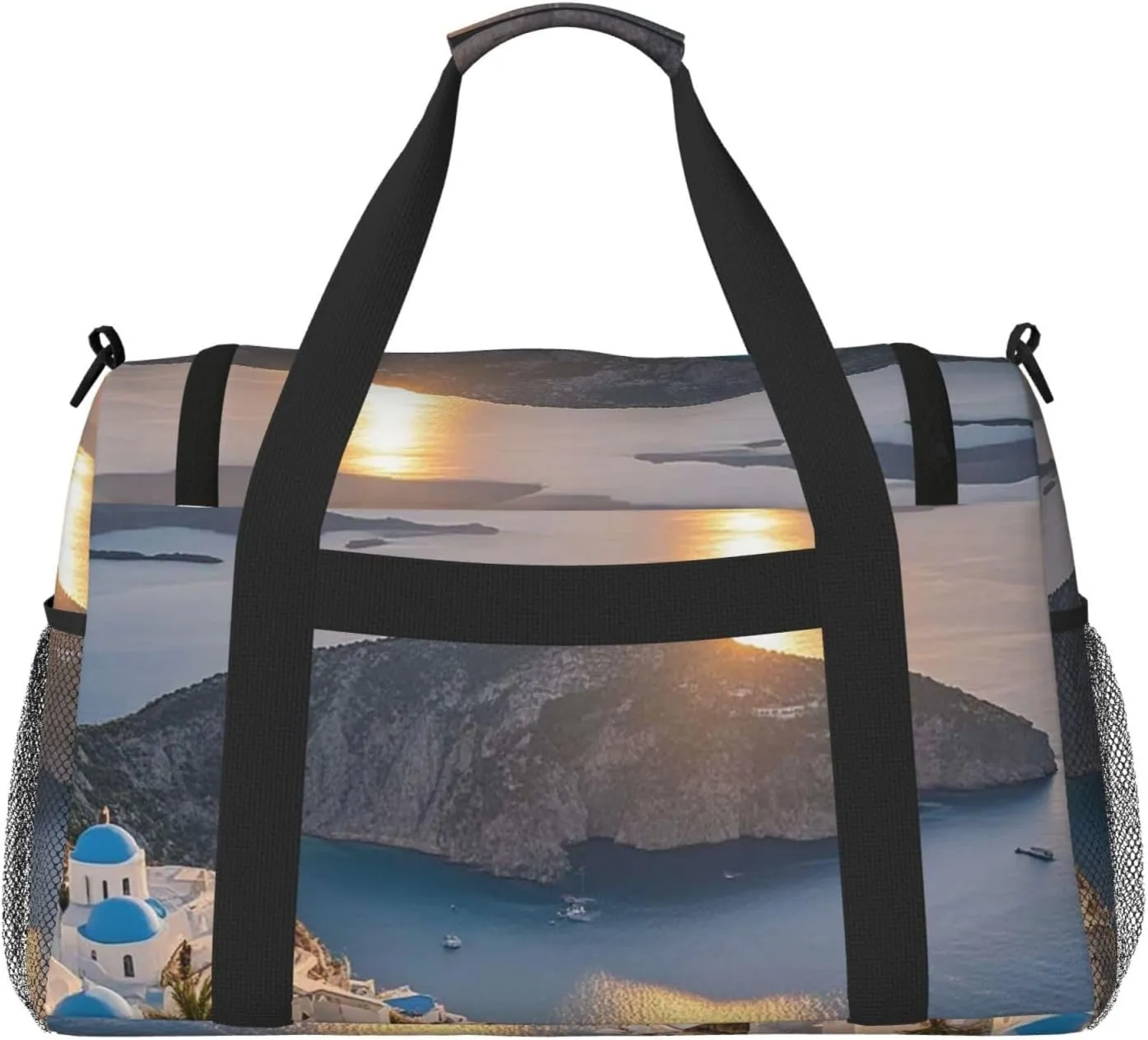 Gym Bag Greece Island Sunset Landscape Duffel Bag for Men Women Travel Overnight Bag with Shoe Compartment Workout Bags