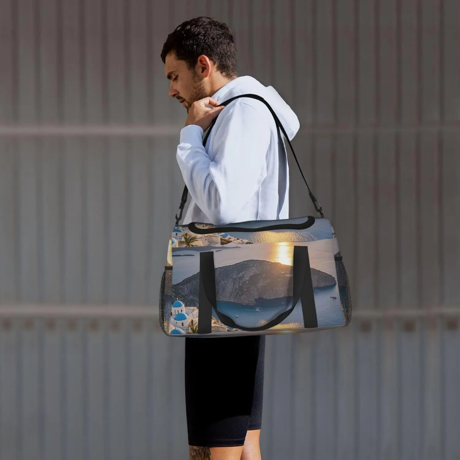 Gym Bag Greece Island Sunset Landscape Duffel Bag for Men Women Travel Overnight Bag with Shoe Compartment Workout Bags