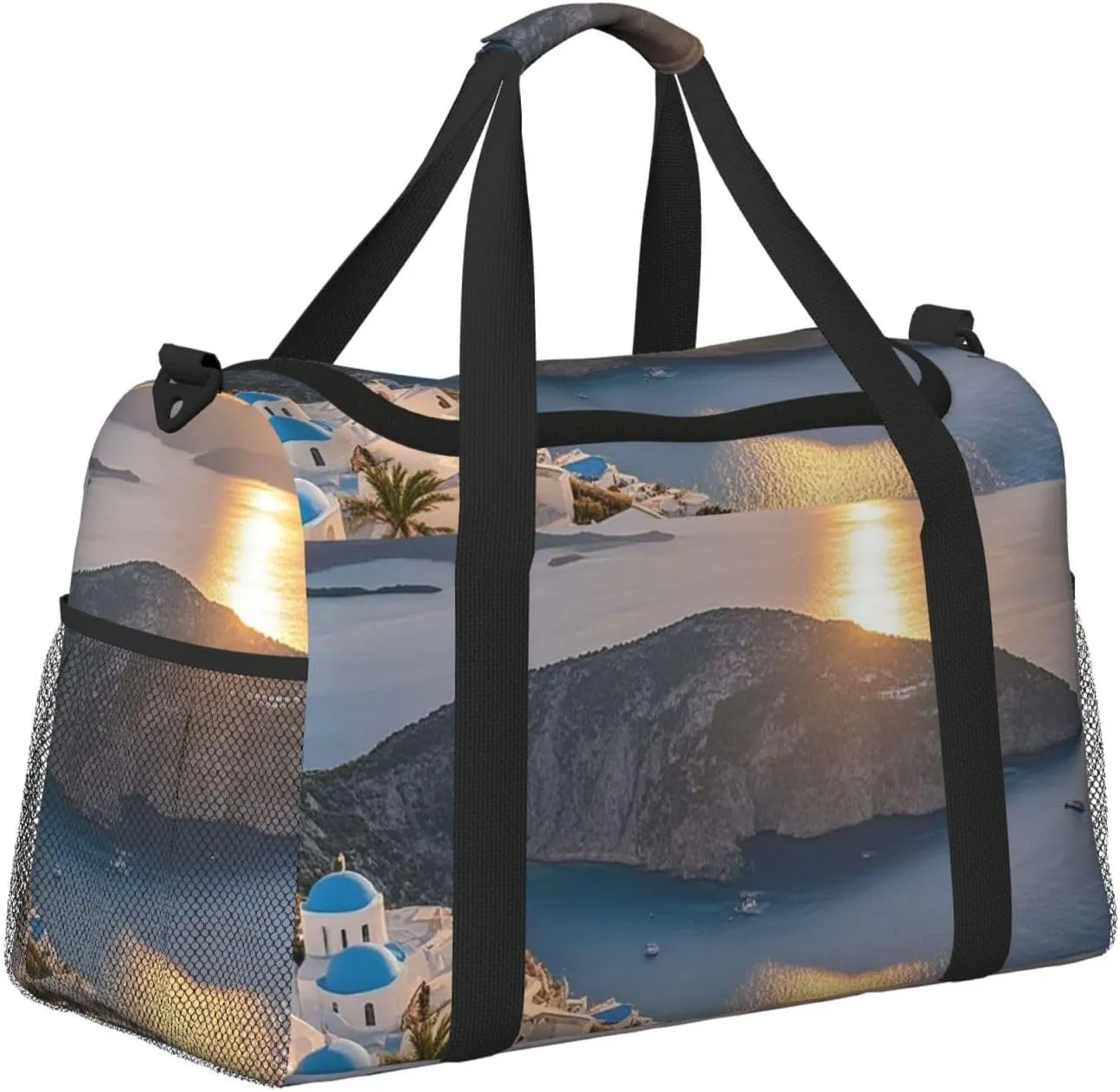 Gym Bag Greece Island Sunset Landscape Duffel Bag for Men Women Travel Overnight Bag with Shoe Compartment Workout Bags
