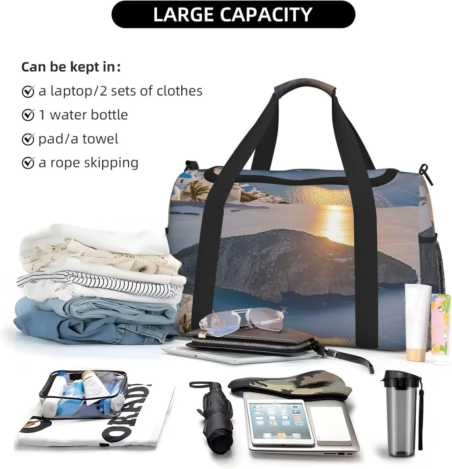 Gym Bag Greece Island Sunset Landscape Duffel Bag for Men Women Travel Overnight Bag with Shoe Compartment Workout Bags