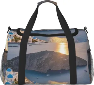 Gym Bag Greece Island Sunset Landscape Duffel Bag for Men Women Travel Overnight Bag with Shoe Compartment Workout Bags