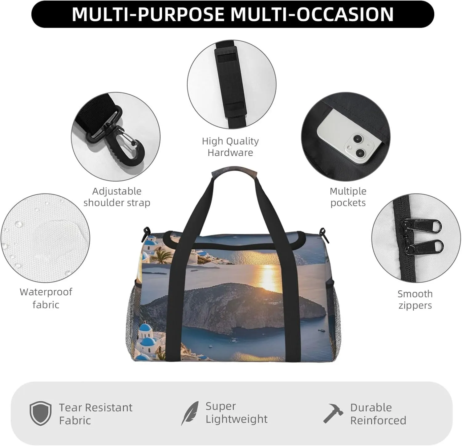 Gym Bag Greece Island Sunset Landscape Duffel Bag for Men Women Travel Overnight Bag with Shoe Compartment Workout Bags