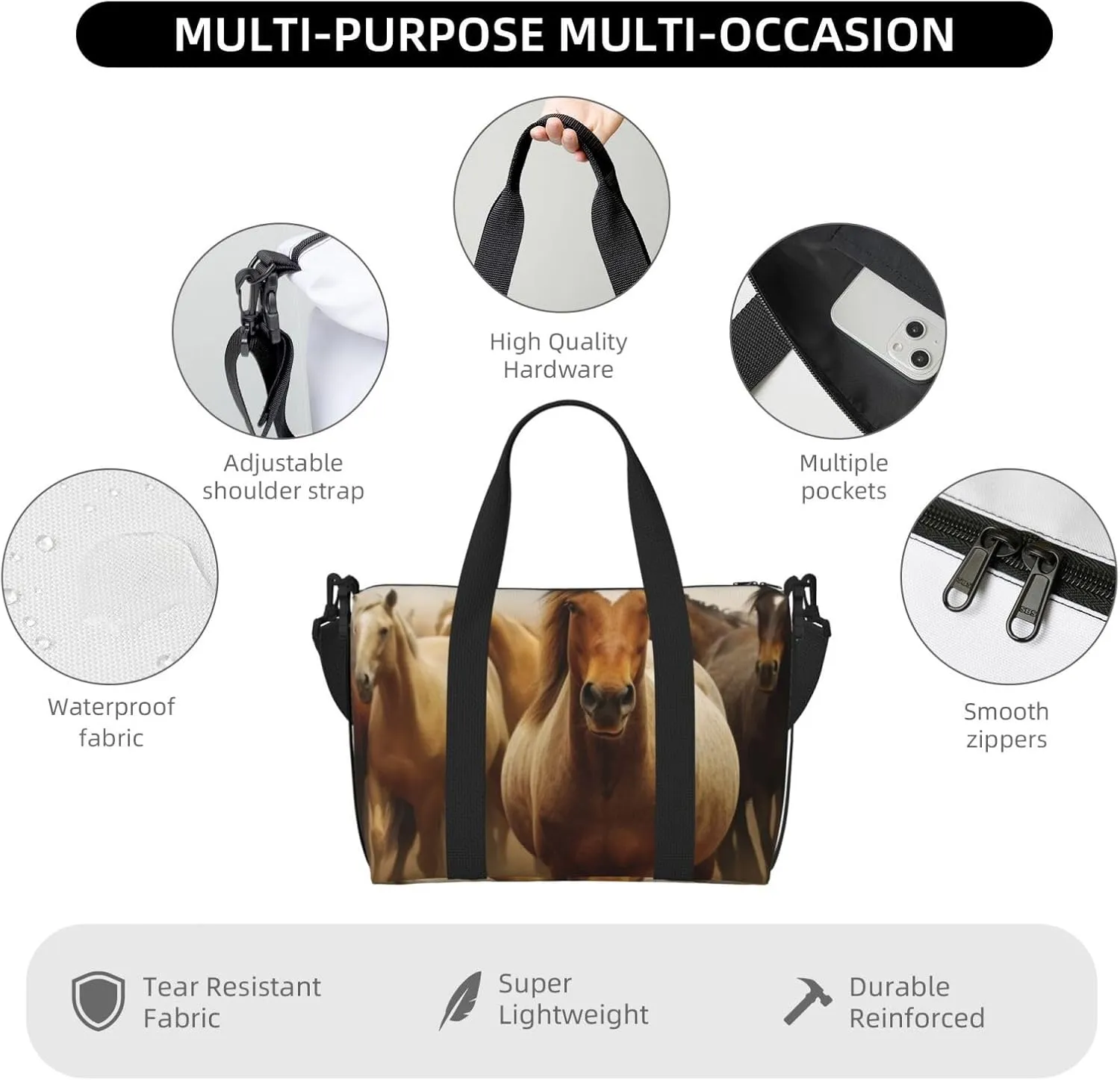 Gym Bag Many Horses Duffel Bag for Men Women Travel Overnight Bag with Shoe Compartment Workout Bags