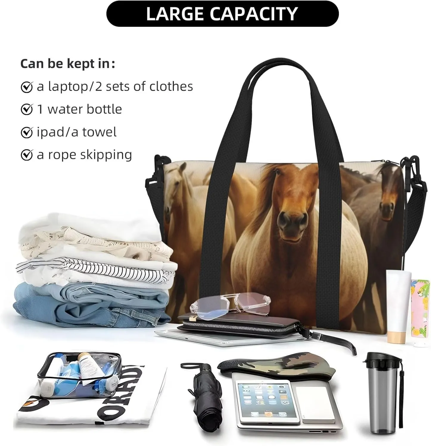 Gym Bag Many Horses Duffel Bag for Men Women Travel Overnight Bag with Shoe Compartment Workout Bags