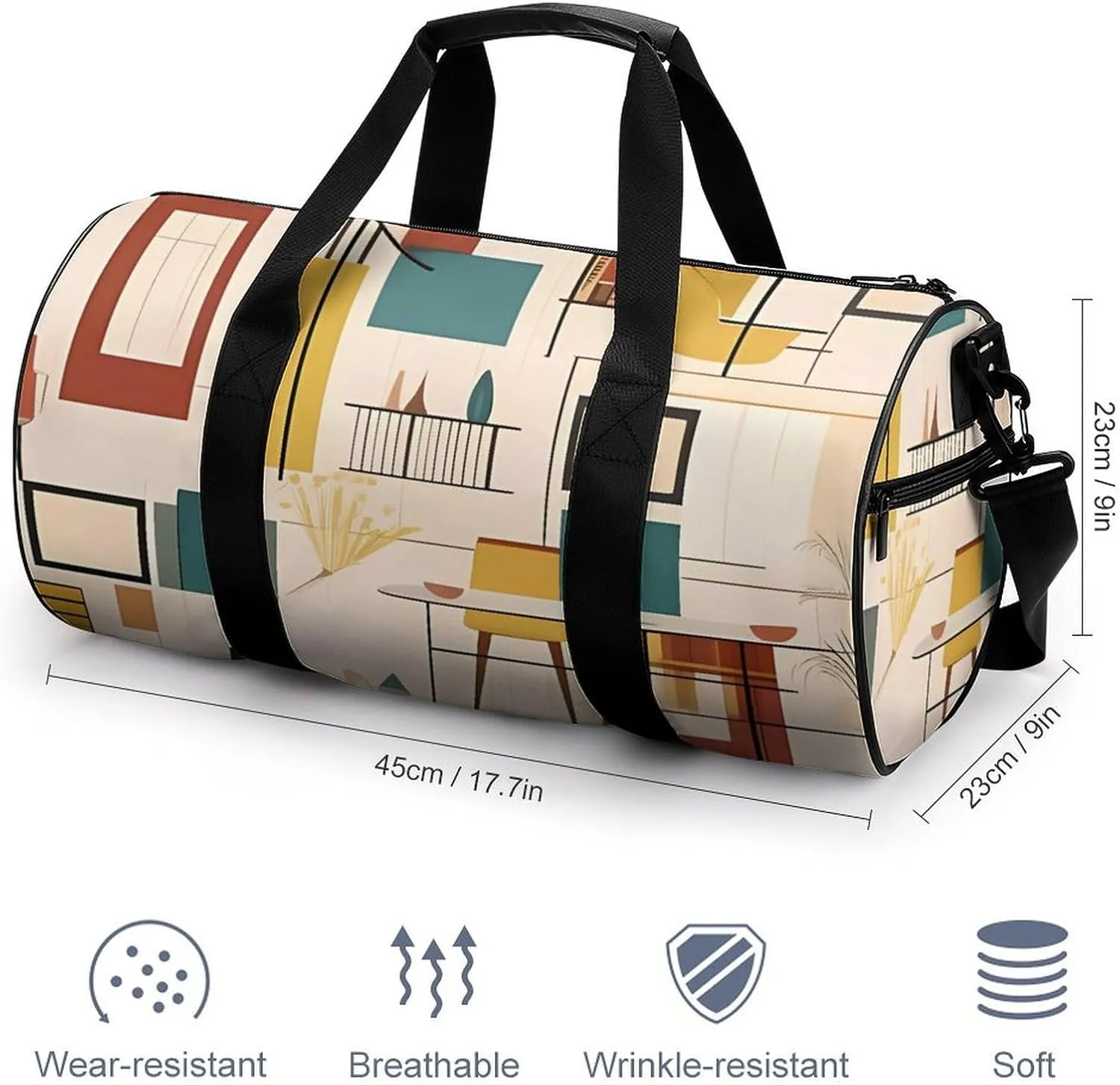 Gym Bag Mid Century Modern Duffel Bag for Men Women Overnight Bag with Shoe Compartment Workout Bags