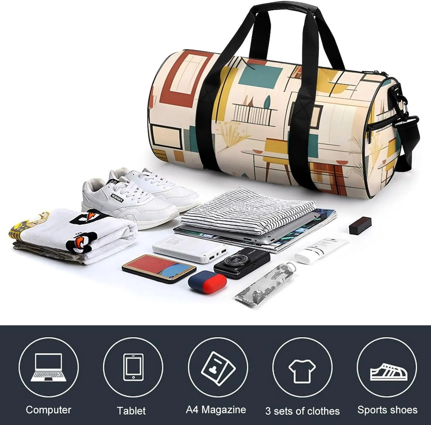 Gym Bag Mid Century Modern Duffel Bag for Men Women Overnight Bag with Shoe Compartment Workout Bags