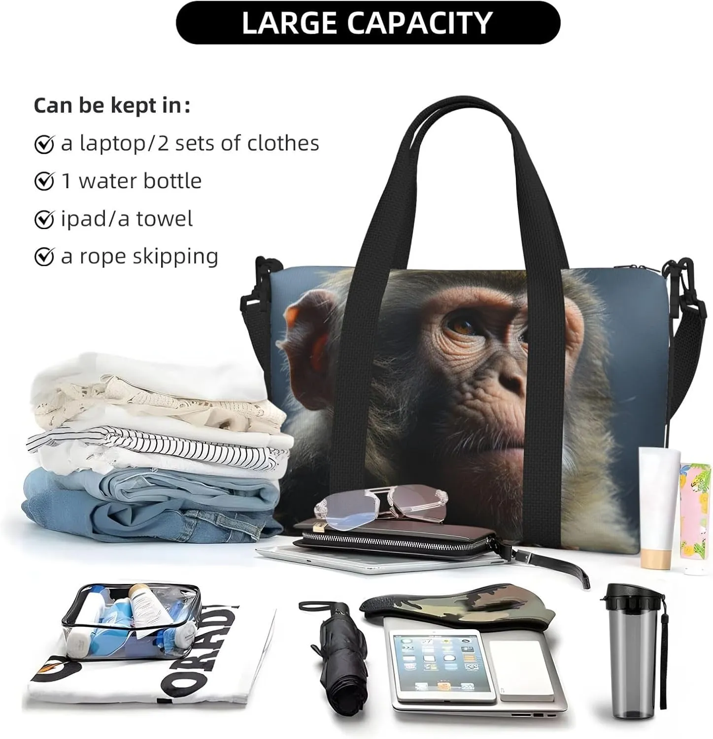 Gym Bag Monkey Duffel Bag for Men Women Travel Overnight Bag with Shoe Compartment Workout Bags
