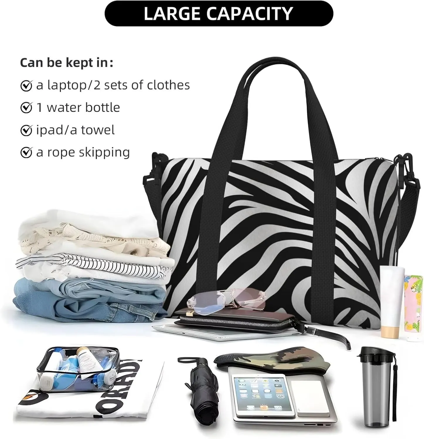 Gym Bag Zebra Print Duffel Bag for Men Women Travel Overnight Bag with Shoe Compartment Workout Bags