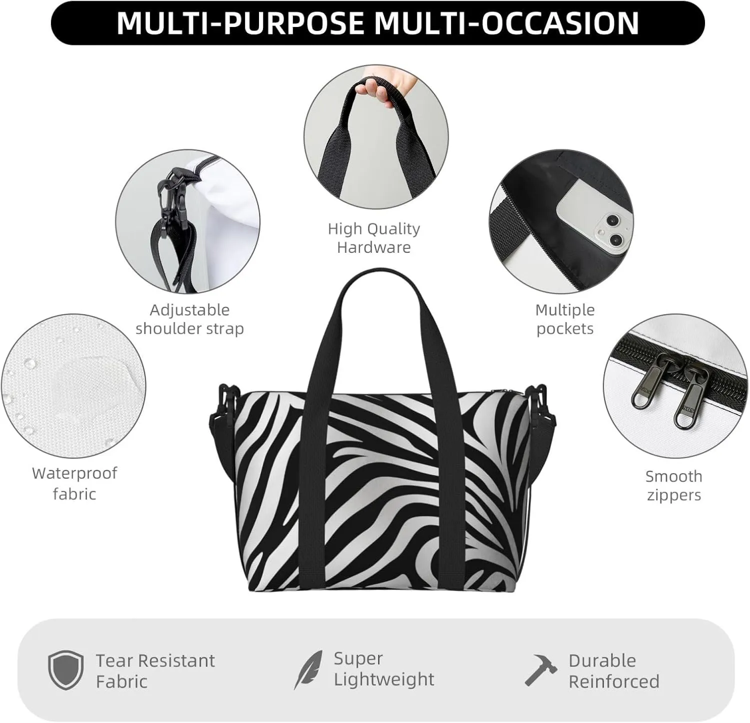Gym Bag Zebra Print Duffel Bag for Men Women Travel Overnight Bag with Shoe Compartment Workout Bags