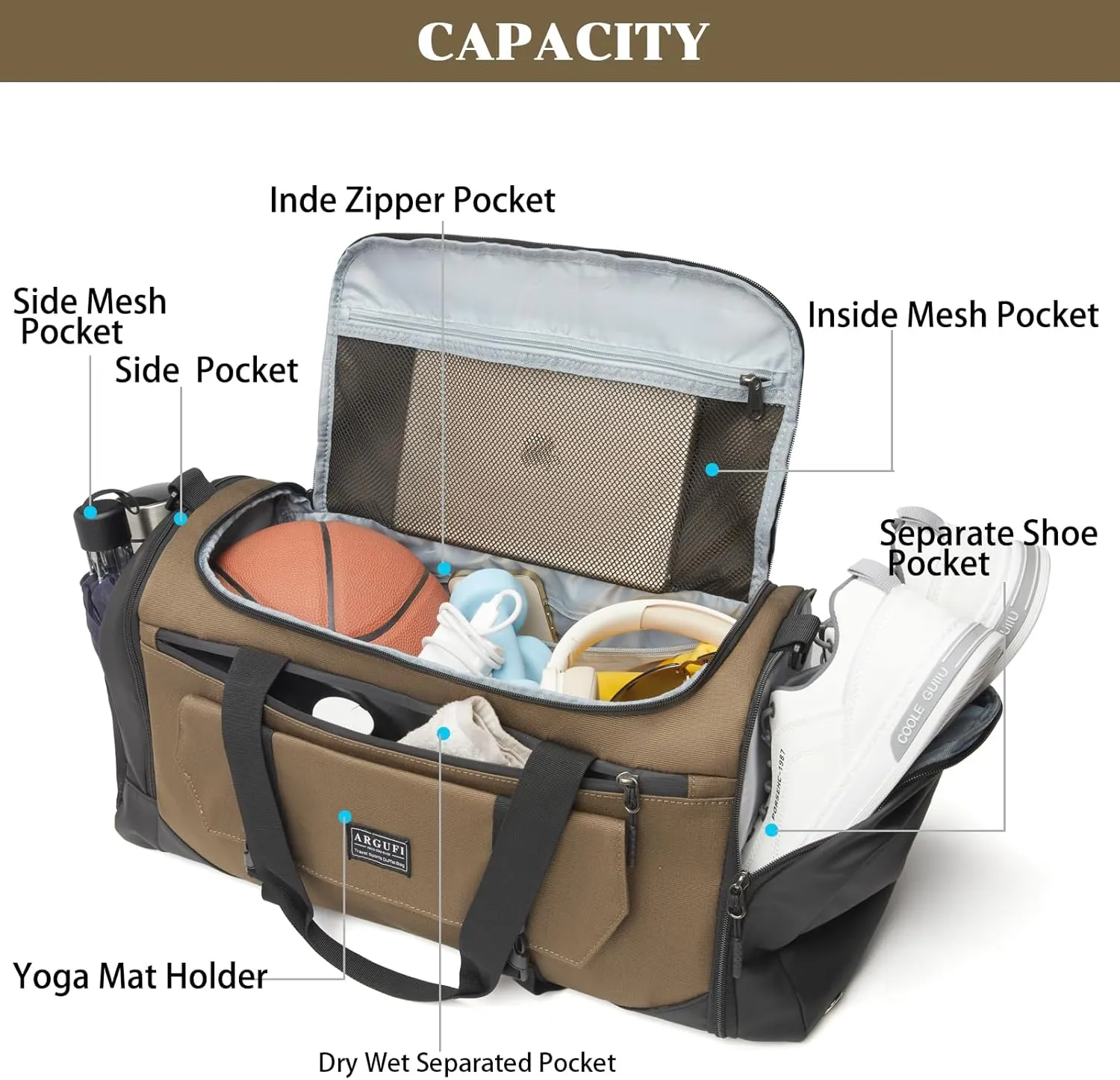 Gym Bags For Men & Women With Shoes Compartment And Wet Pocket, Sports Duffle Bag, Workout Bags For Gym Swimming Yoga,Waterproof Weekend Overnight Carry On Bag A-TG-003-Brown
