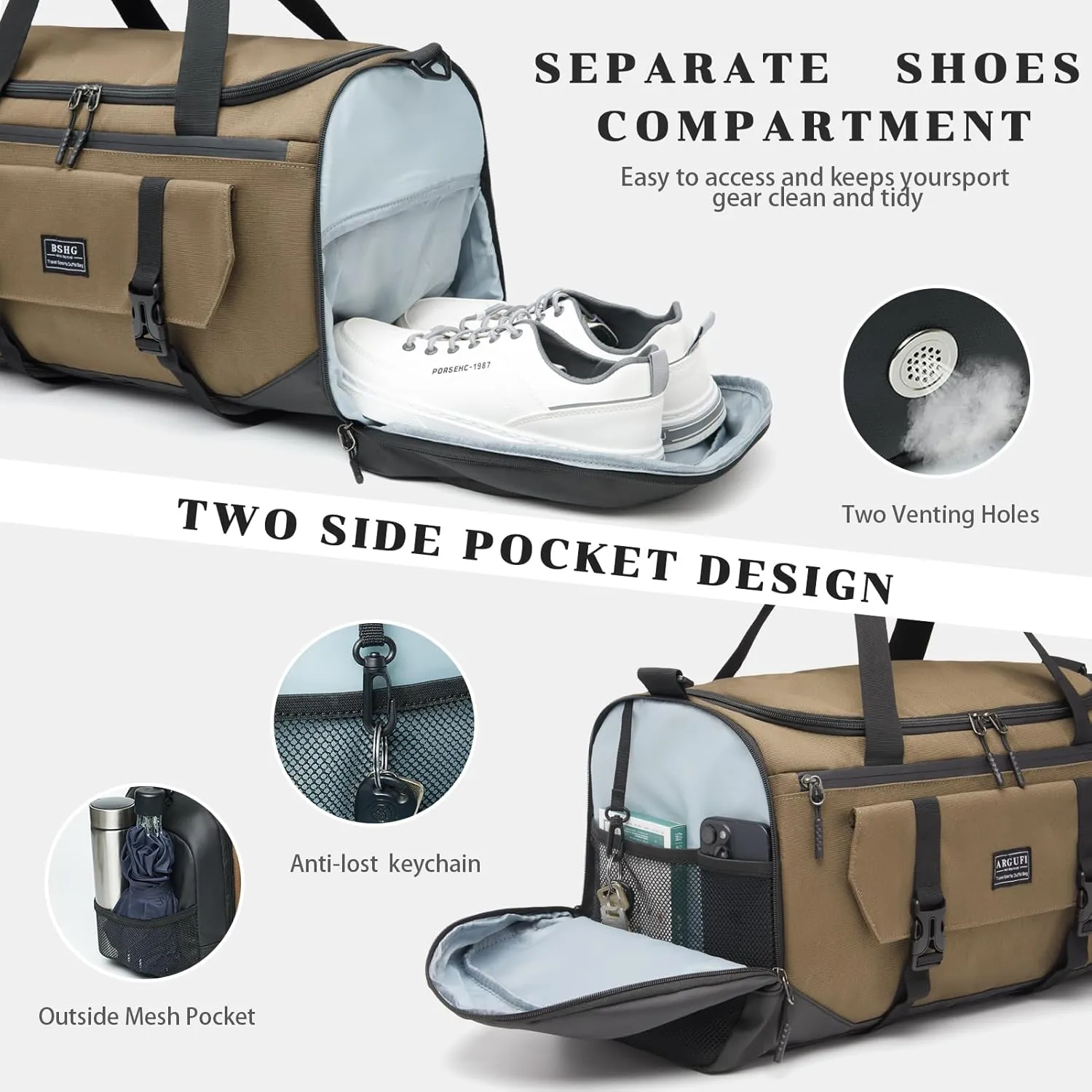 Gym Bags For Men & Women With Shoes Compartment And Wet Pocket, Sports Duffle Bag, Workout Bags For Gym Swimming Yoga,Waterproof Weekend Overnight Carry On Bag A-TG-003-Brown
