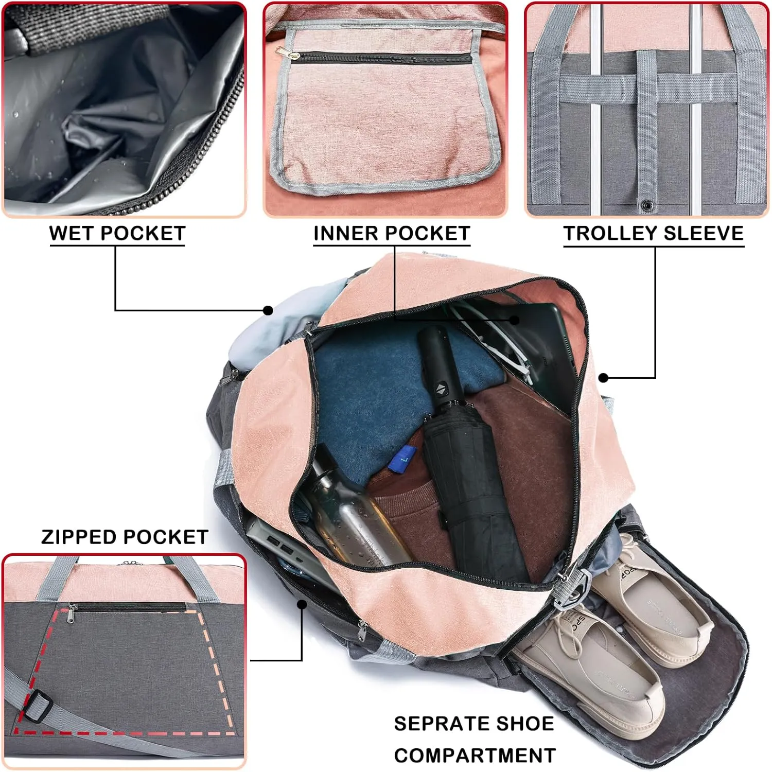 Gym Bags for Women Men with Wet & Shoe Compartment, 40L Foldable Travel Duffle Bag, Lightweight Weekender Overnight Duffel Bag for Traveling Sports Gym(Pink)