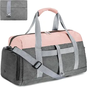 Gym Bags for Women Men with Wet & Shoe Compartment, 40L Foldable Travel Duffle Bag, Lightweight Weekender Overnight Duffel Bag for Traveling Sports Gym(Pink)