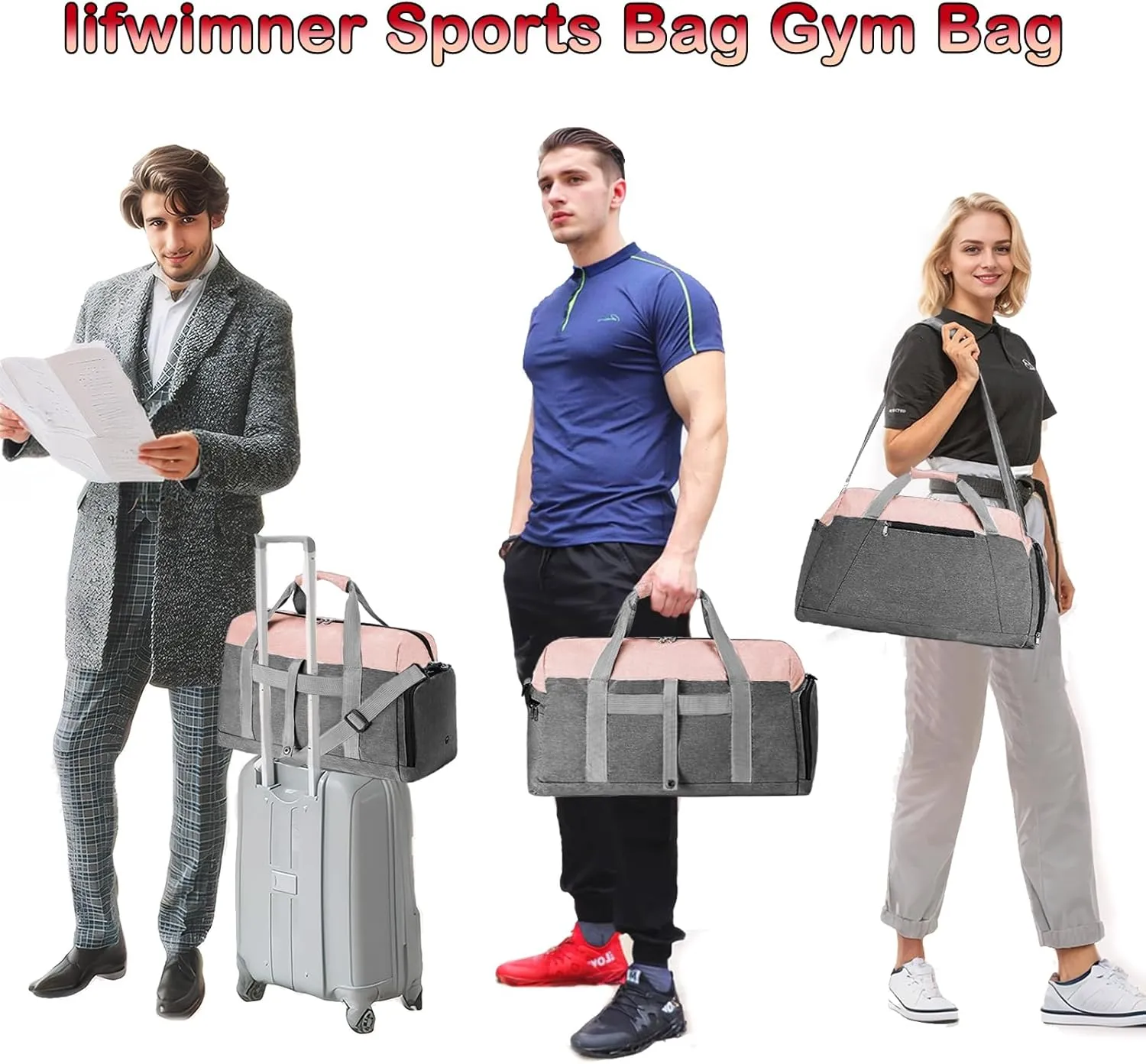 Gym Bags for Women Men with Wet & Shoe Compartment, 40L Foldable Travel Duffle Bag, Lightweight Weekender Overnight Duffel Bag for Traveling Sports Gym(Pink)