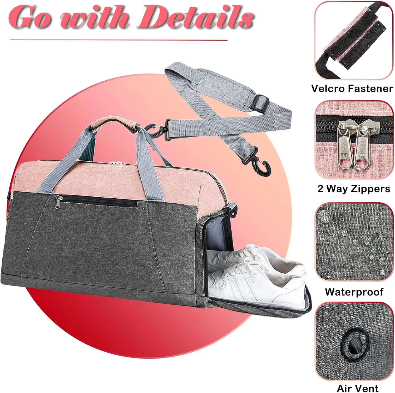 Gym Bags for Women Men with Wet & Shoe Compartment, 40L Foldable Travel Duffle Bag, Lightweight Weekender Overnight Duffel Bag for Traveling Sports Gym(Pink)